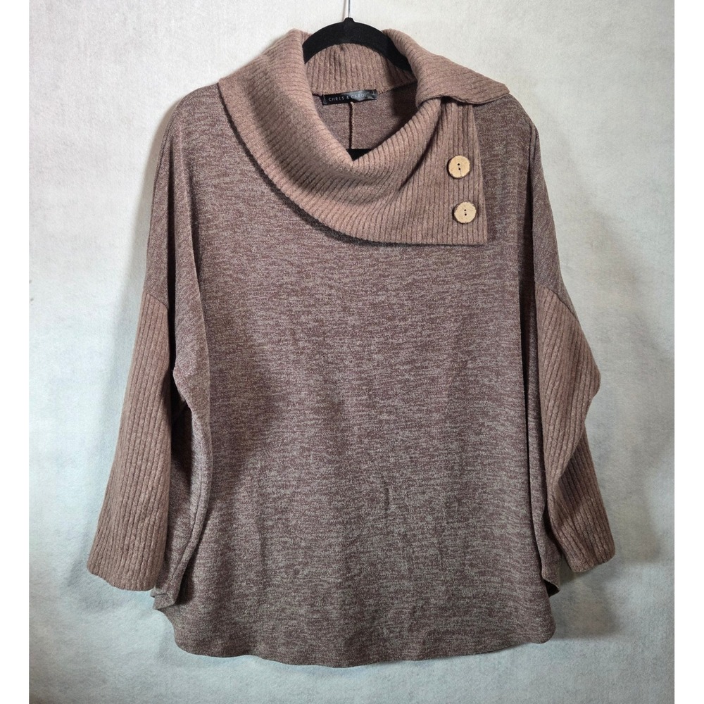 Chris & Carol Brown Marled Cowl Neck Button Sweater Womens 2XL Made‎ in USA